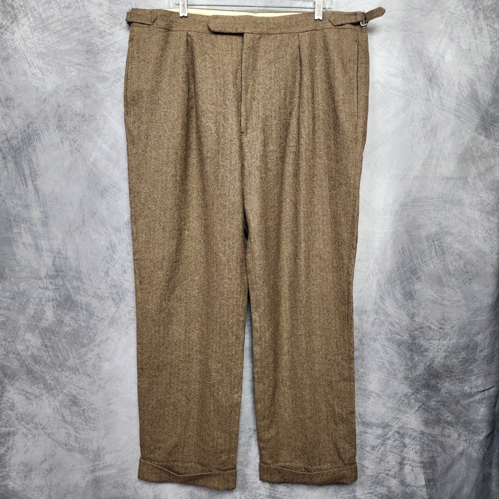VTG Polo Ralph Lauren Brown Herringbone Tweed Wool Trousers Side Tabs 40x32